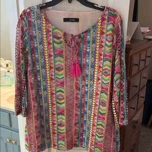 Ali Miles Vibrant Pink Multicolor Embroidered Crochet Tassled Women's Top SZ L